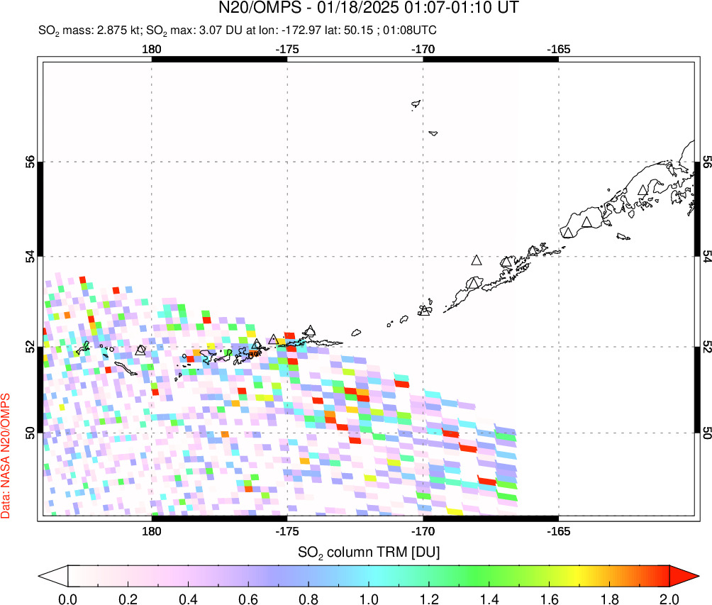 A sulfur dioxide image over Aleutian Islands, Alaska, USA on Jan 18, 2025.