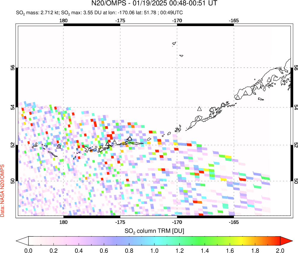 A sulfur dioxide image over Aleutian Islands, Alaska, USA on Jan 19, 2025.