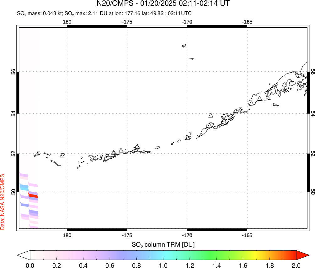 A sulfur dioxide image over Aleutian Islands, Alaska, USA on Jan 20, 2025.