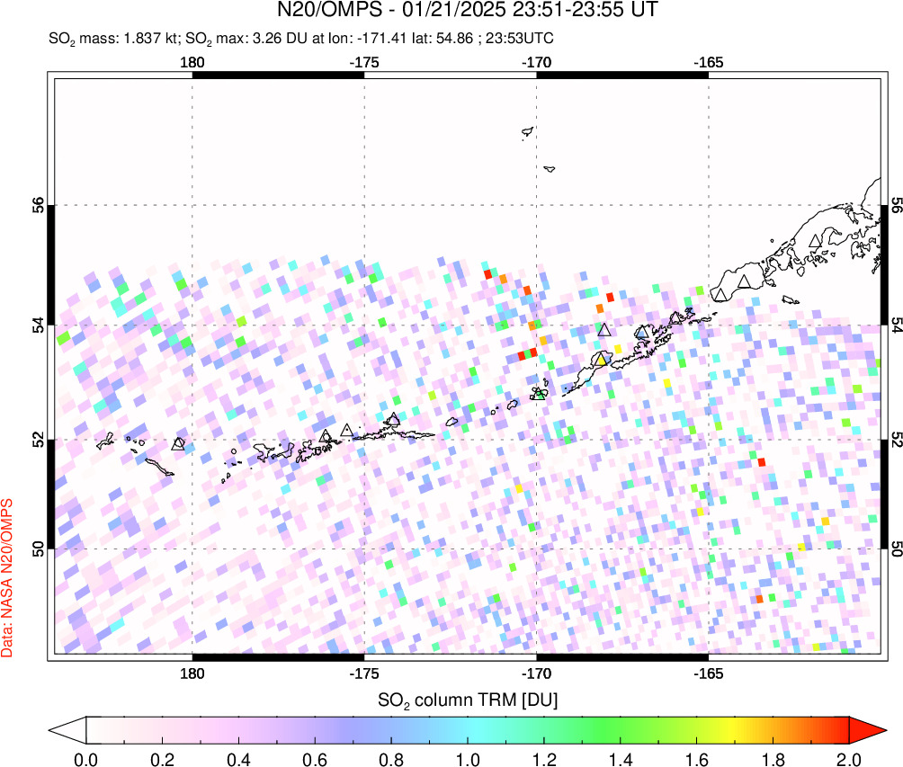 A sulfur dioxide image over Aleutian Islands, Alaska, USA on Jan 21, 2025.