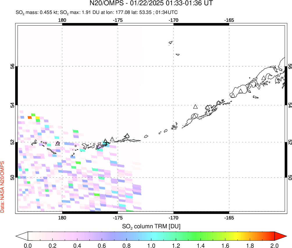 A sulfur dioxide image over Aleutian Islands, Alaska, USA on Jan 22, 2025.