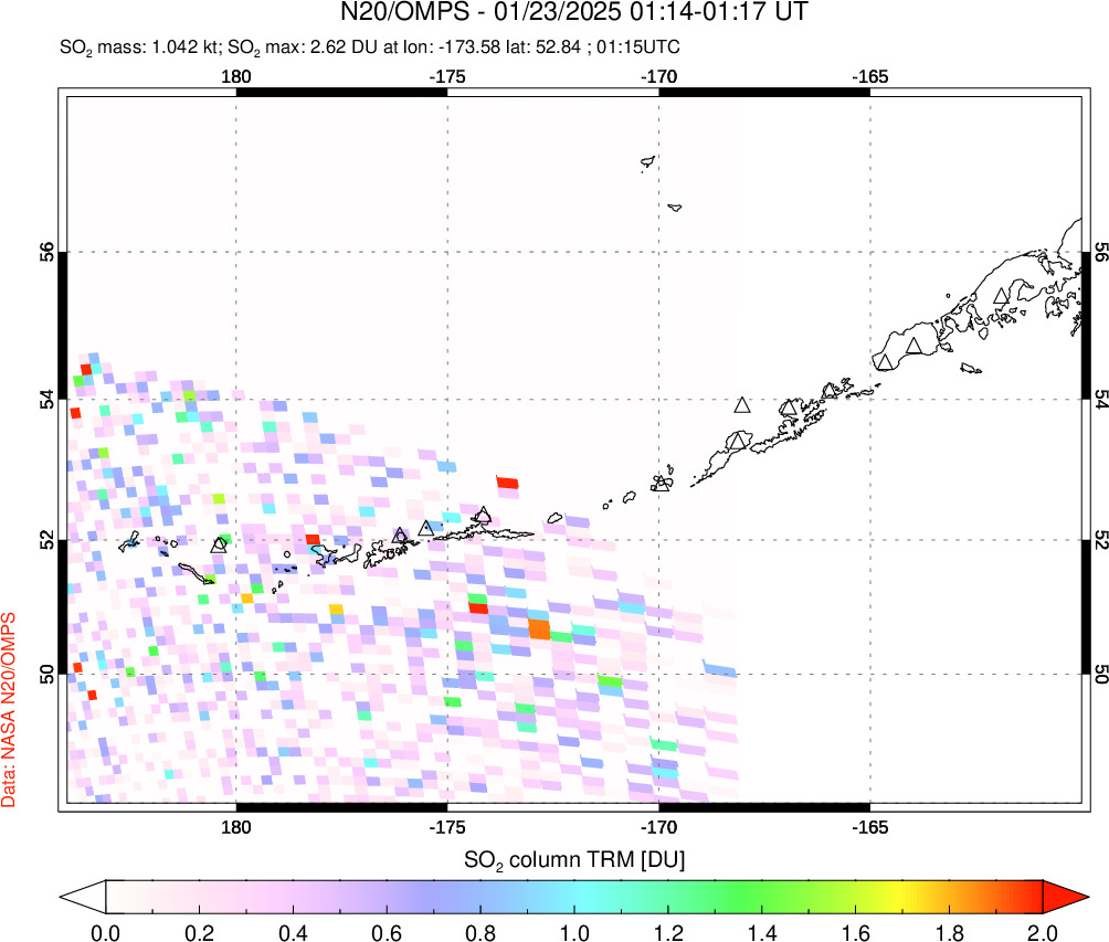 A sulfur dioxide image over Aleutian Islands, Alaska, USA on Jan 23, 2025.