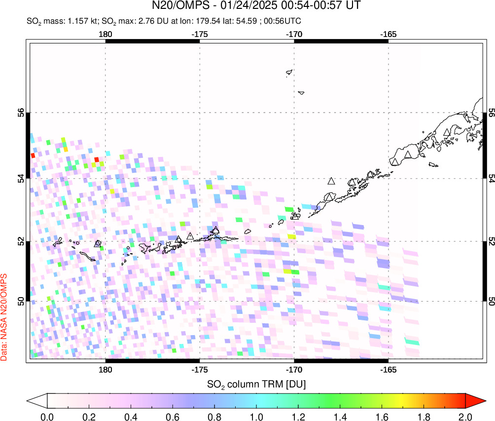 A sulfur dioxide image over Aleutian Islands, Alaska, USA on Jan 24, 2025.