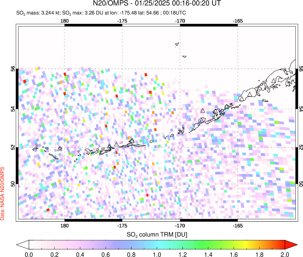 A sulfur dioxide image over Aleutian Islands, Alaska, USA on Jan 25, 2025.