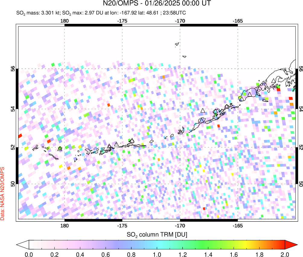 A sulfur dioxide image over Aleutian Islands, Alaska, USA on Jan 26, 2025.