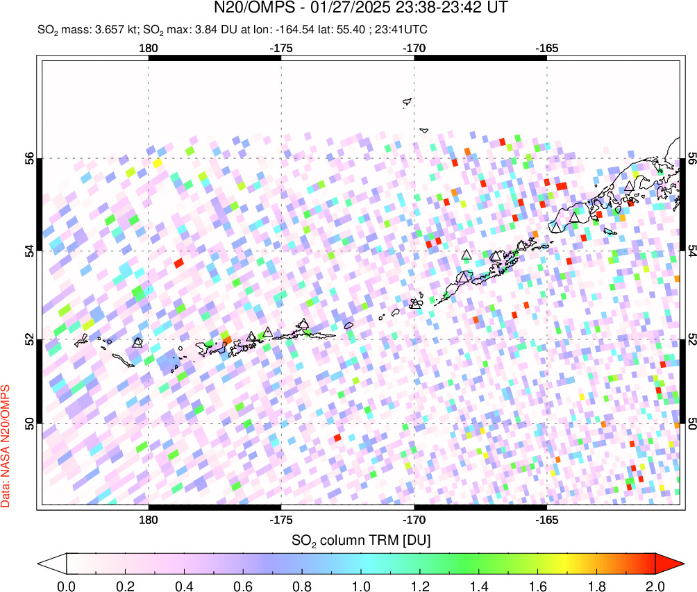 A sulfur dioxide image over Aleutian Islands, Alaska, USA on Jan 27, 2025.