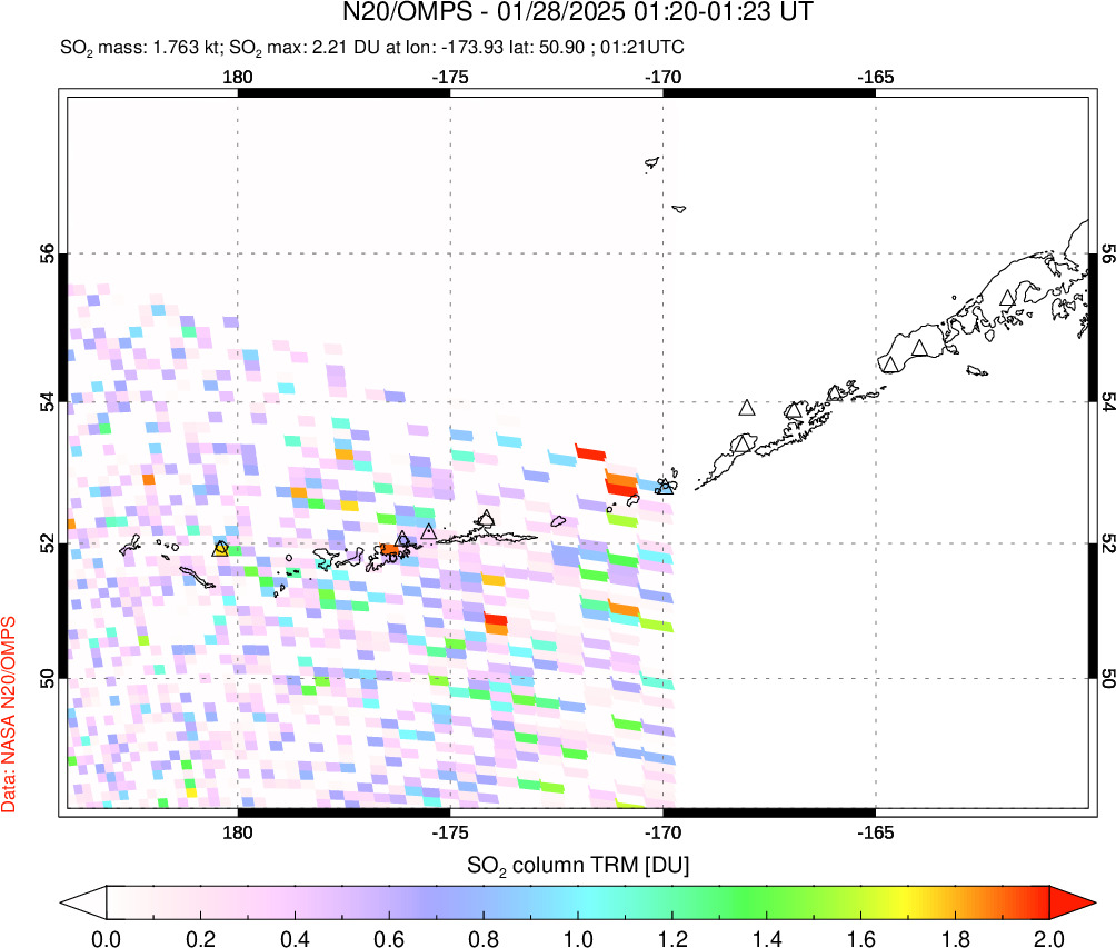 A sulfur dioxide image over Aleutian Islands, Alaska, USA on Jan 28, 2025.