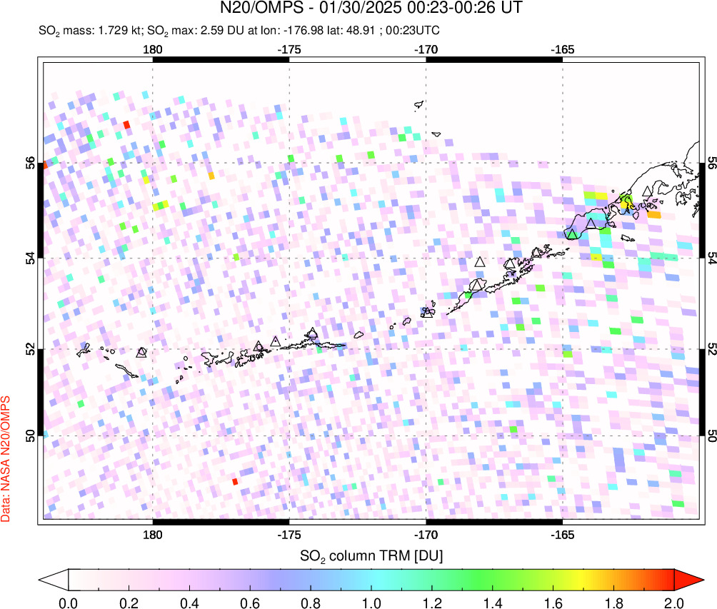 A sulfur dioxide image over Aleutian Islands, Alaska, USA on Jan 30, 2025.