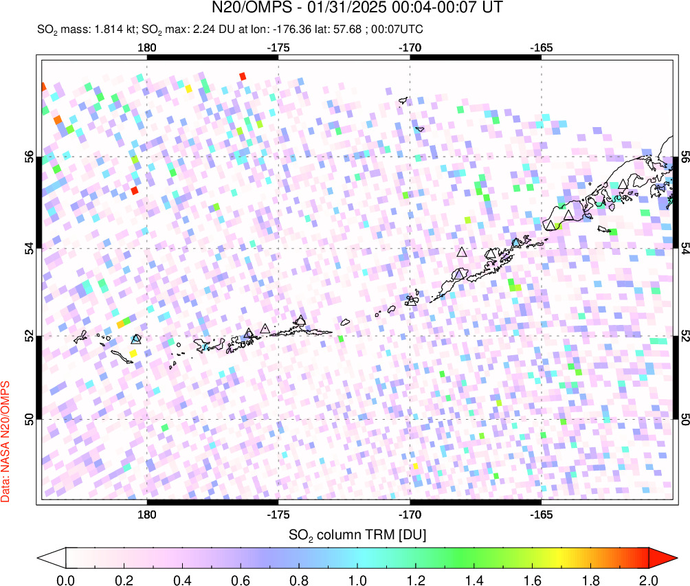 A sulfur dioxide image over Aleutian Islands, Alaska, USA on Jan 31, 2025.