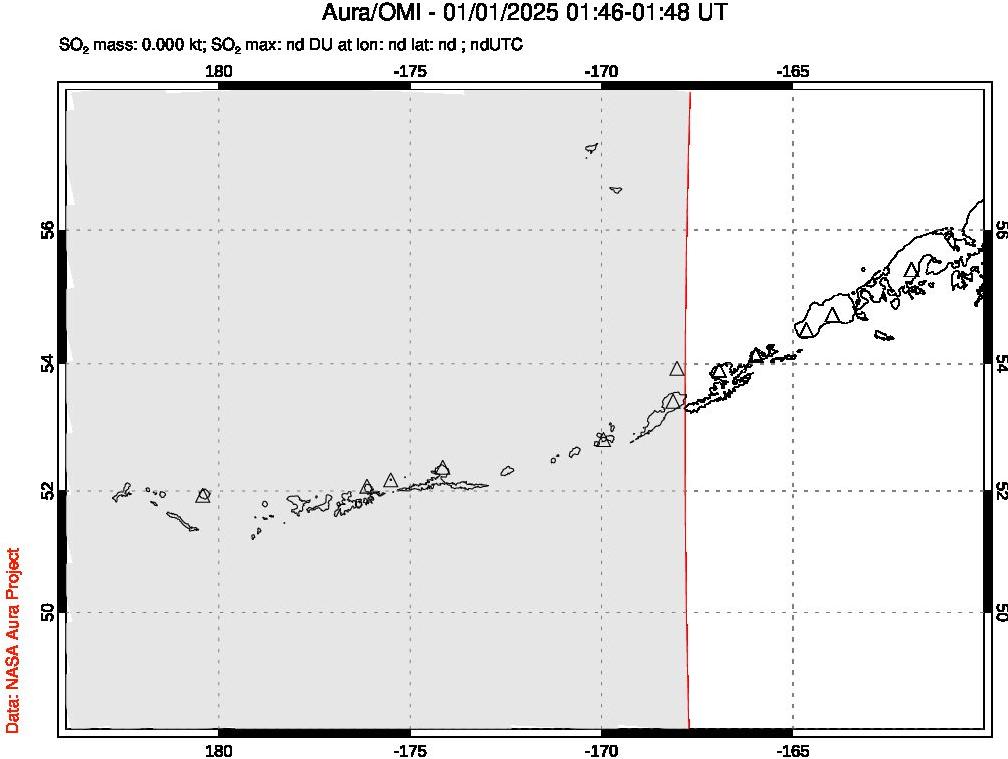 A sulfur dioxide image over Aleutian Islands, Alaska, USA on Jan 01, 2025.