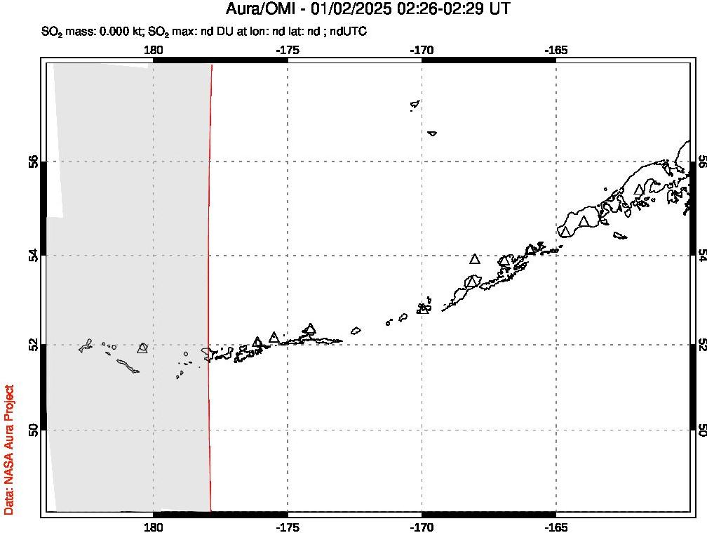 A sulfur dioxide image over Aleutian Islands, Alaska, USA on Jan 02, 2025.