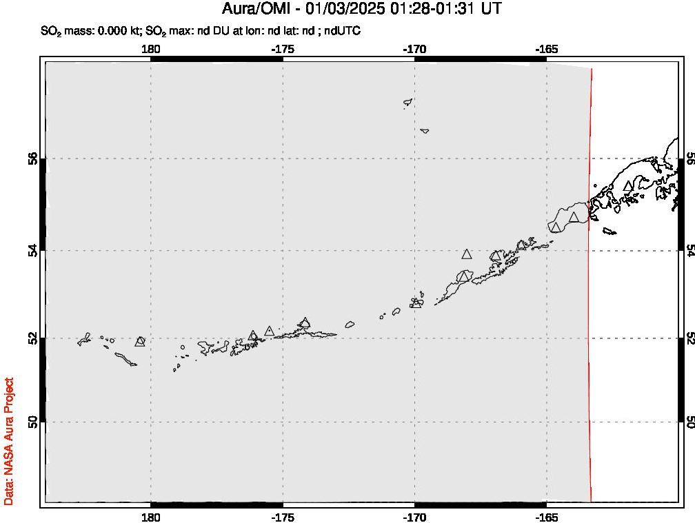 A sulfur dioxide image over Aleutian Islands, Alaska, USA on Jan 03, 2025.