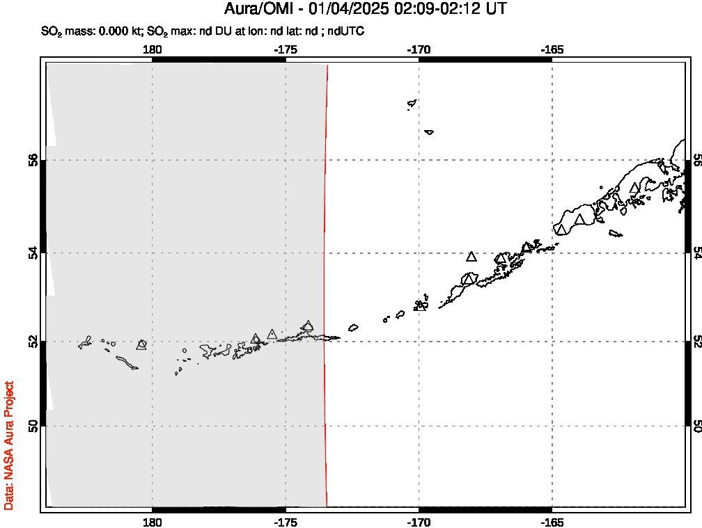 A sulfur dioxide image over Aleutian Islands, Alaska, USA on Jan 04, 2025.