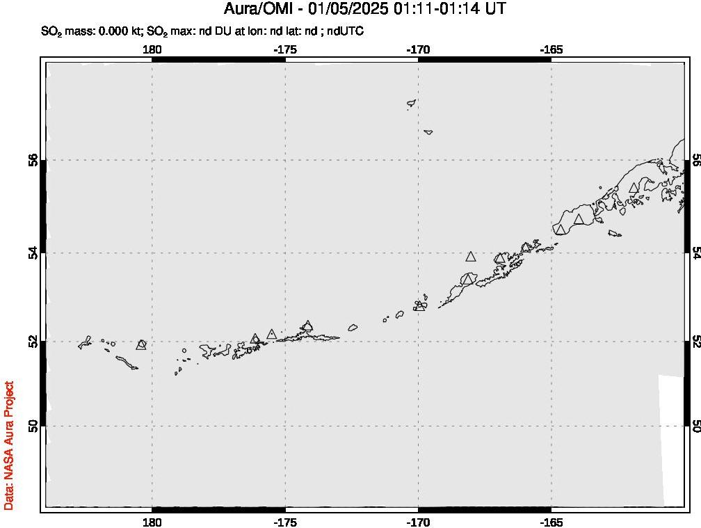 A sulfur dioxide image over Aleutian Islands, Alaska, USA on Jan 05, 2025.