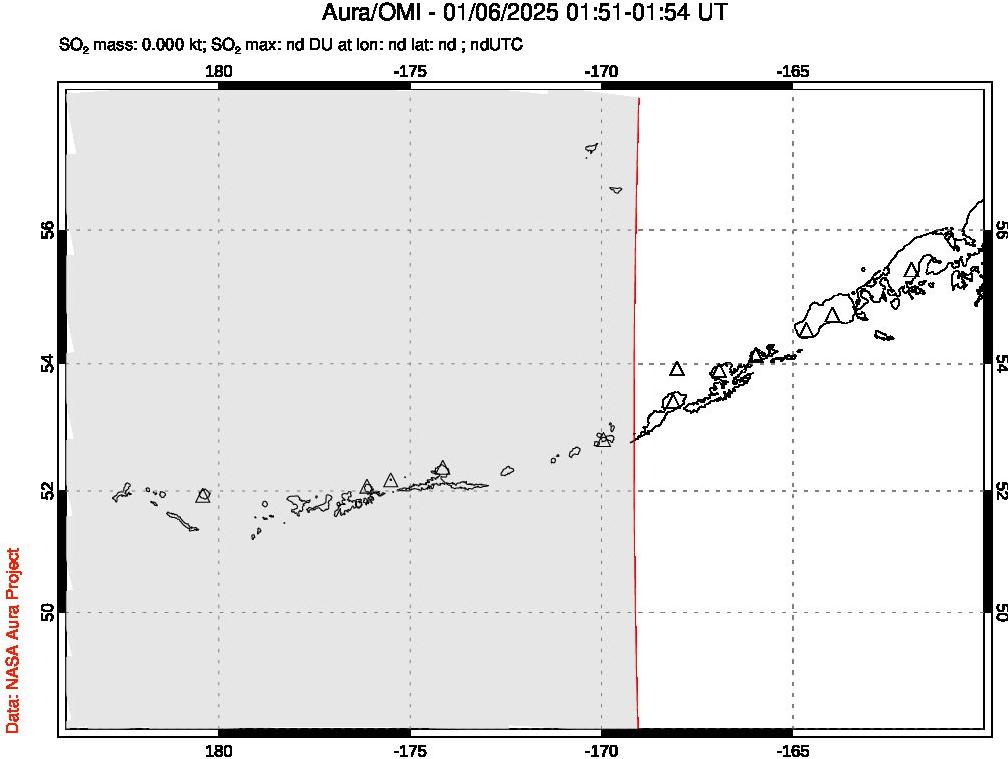 A sulfur dioxide image over Aleutian Islands, Alaska, USA on Jan 06, 2025.