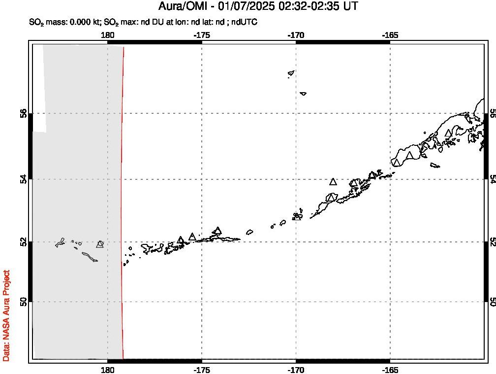 A sulfur dioxide image over Aleutian Islands, Alaska, USA on Jan 07, 2025.