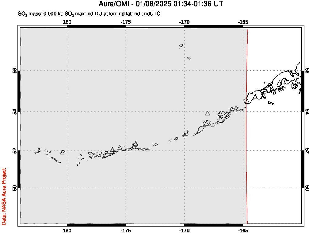 A sulfur dioxide image over Aleutian Islands, Alaska, USA on Jan 08, 2025.