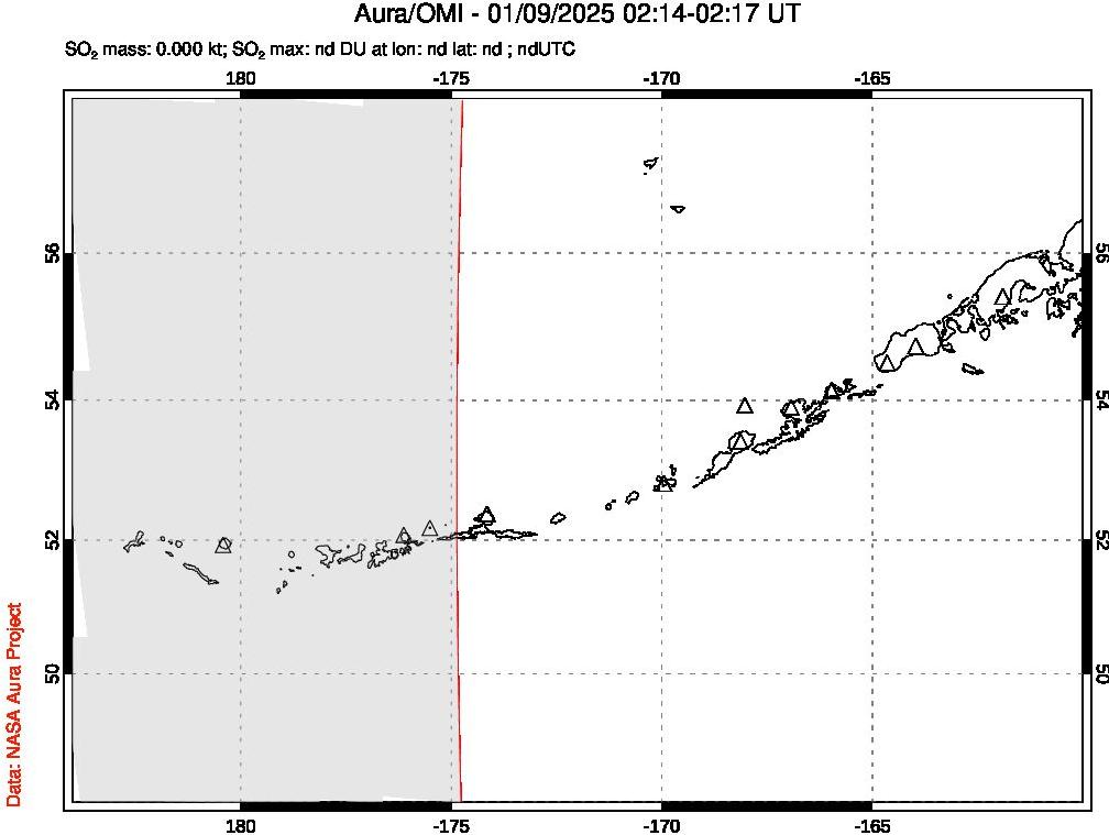 A sulfur dioxide image over Aleutian Islands, Alaska, USA on Jan 09, 2025.