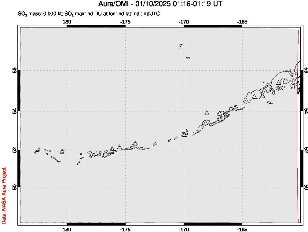 A sulfur dioxide image over Aleutian Islands, Alaska, USA on Jan 10, 2025.