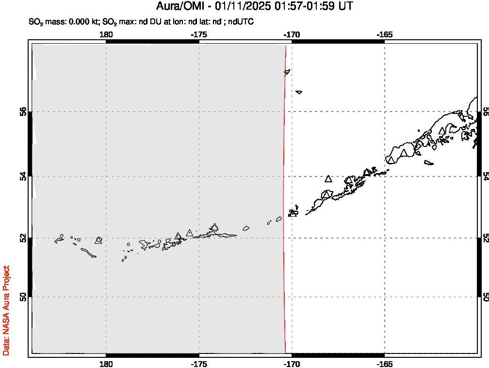 A sulfur dioxide image over Aleutian Islands, Alaska, USA on Jan 11, 2025.