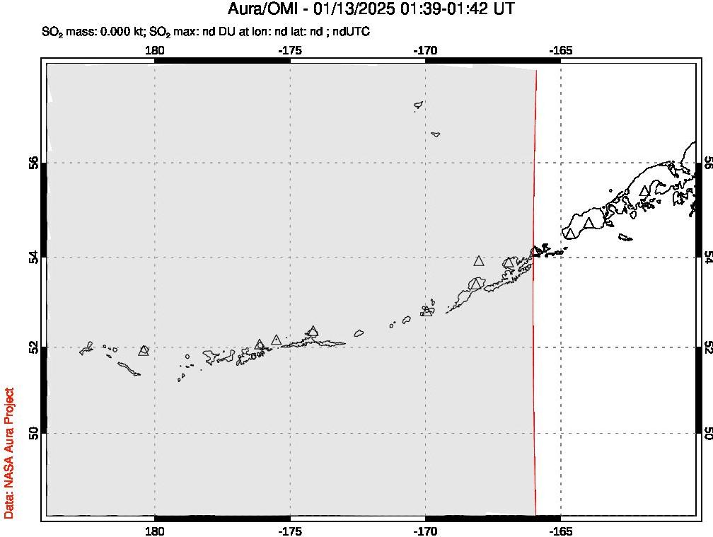 A sulfur dioxide image over Aleutian Islands, Alaska, USA on Jan 13, 2025.