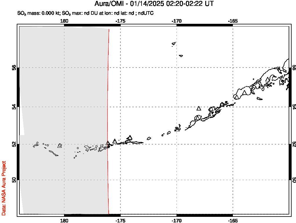 A sulfur dioxide image over Aleutian Islands, Alaska, USA on Jan 14, 2025.