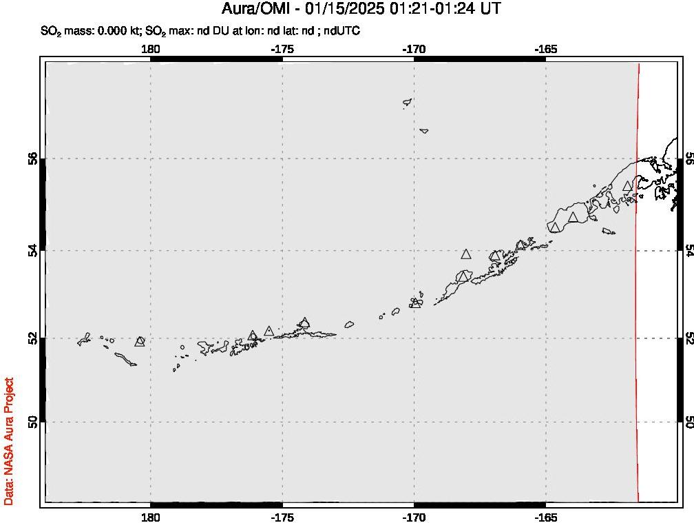 A sulfur dioxide image over Aleutian Islands, Alaska, USA on Jan 15, 2025.