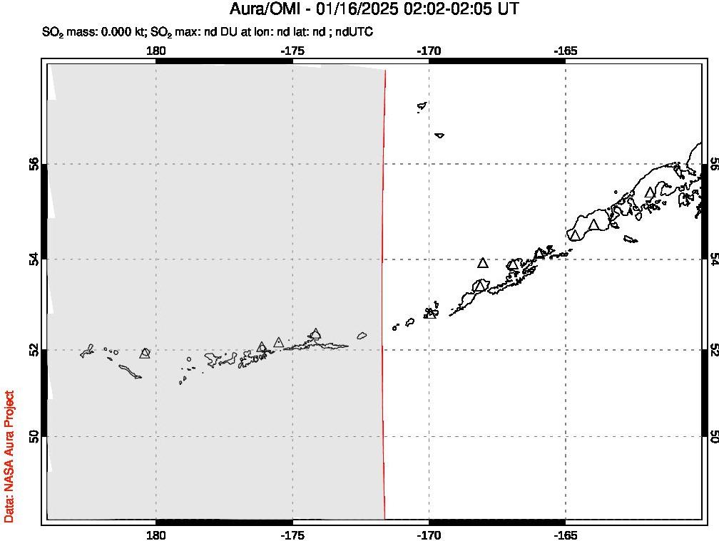 A sulfur dioxide image over Aleutian Islands, Alaska, USA on Jan 16, 2025.