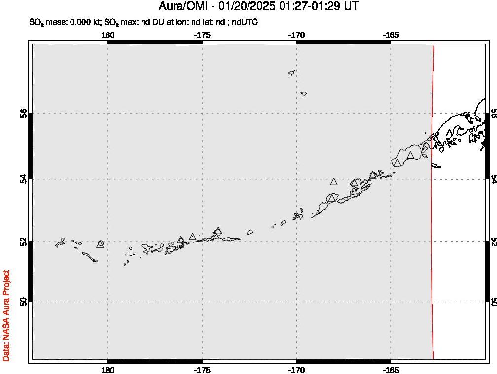 A sulfur dioxide image over Aleutian Islands, Alaska, USA on Jan 20, 2025.