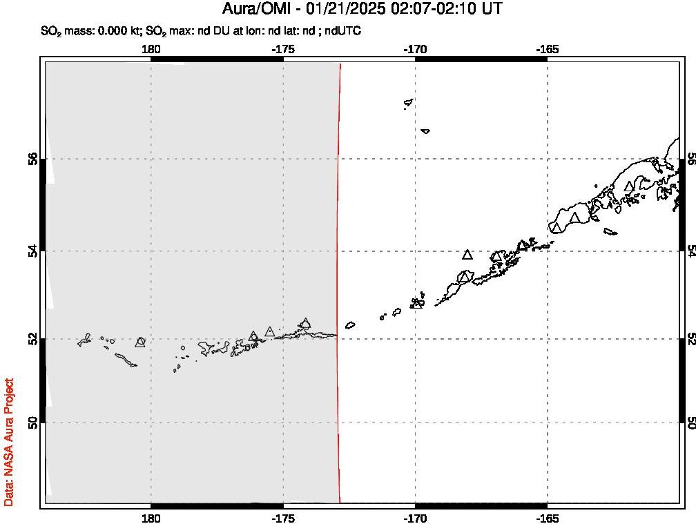 A sulfur dioxide image over Aleutian Islands, Alaska, USA on Jan 21, 2025.