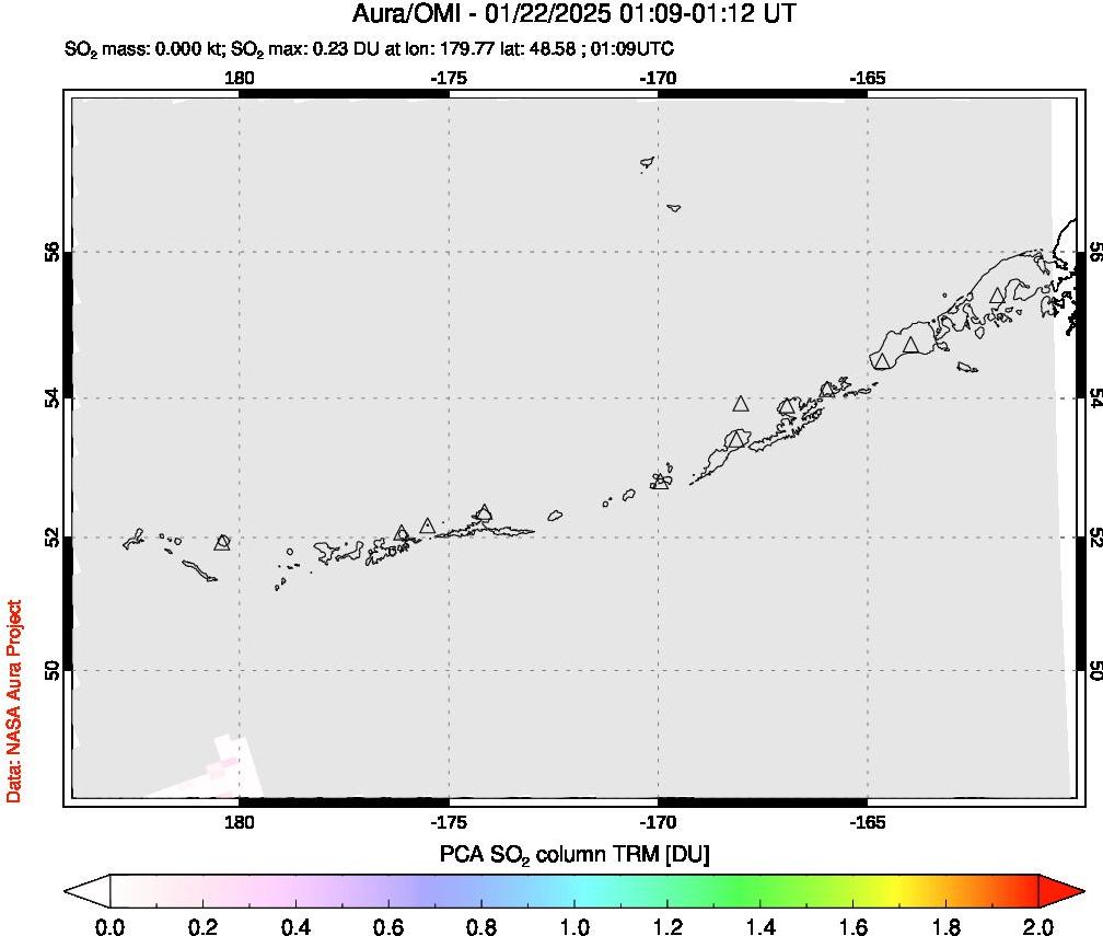 A sulfur dioxide image over Aleutian Islands, Alaska, USA on Jan 22, 2025.