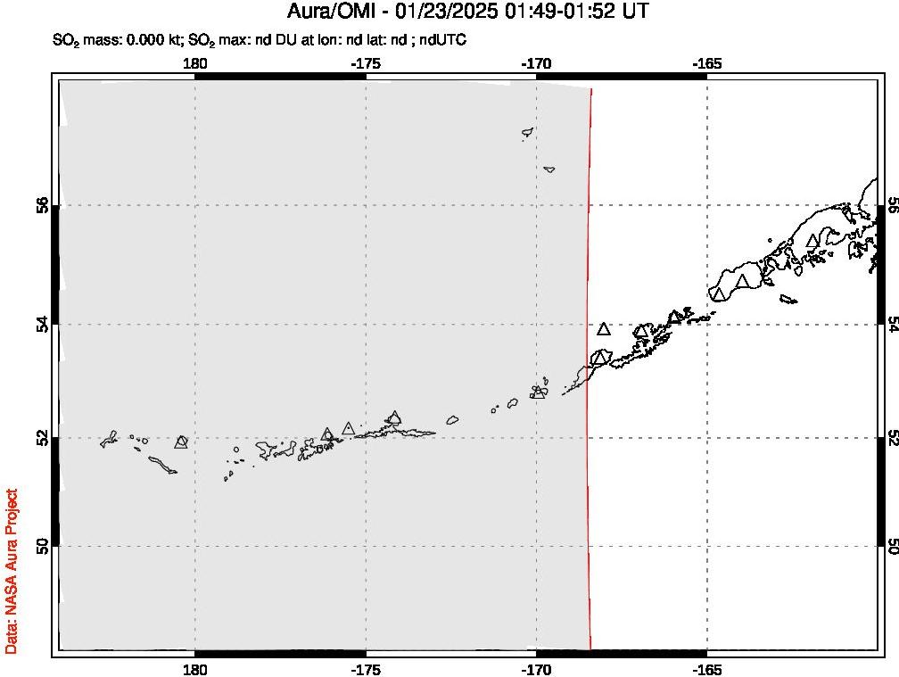 A sulfur dioxide image over Aleutian Islands, Alaska, USA on Jan 23, 2025.