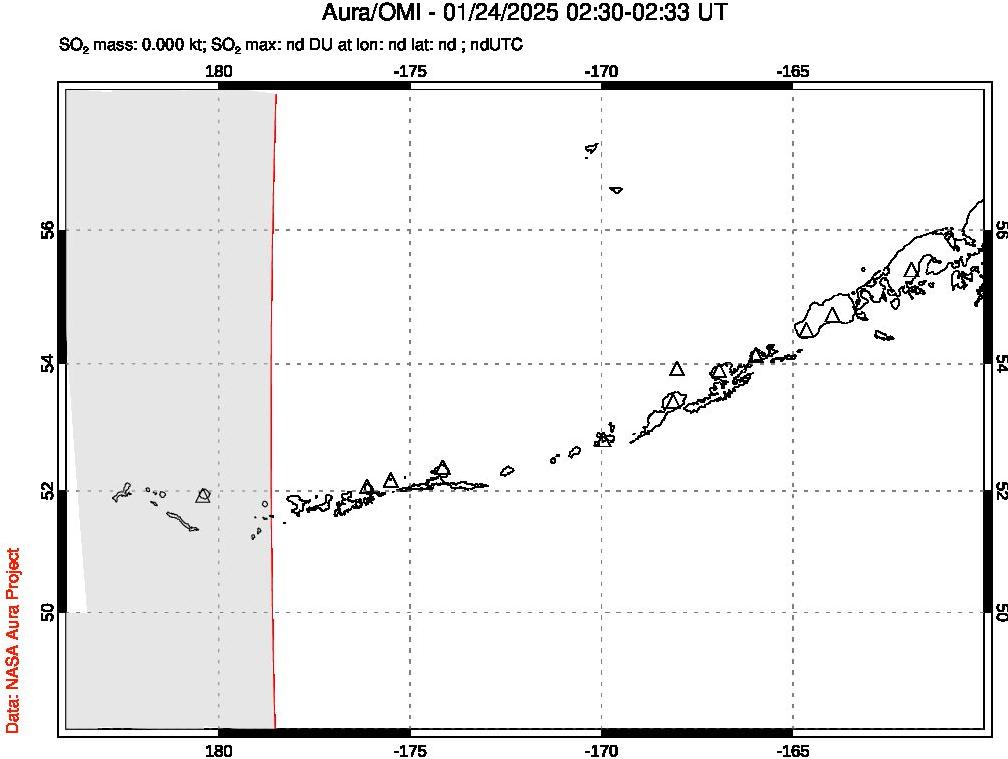 A sulfur dioxide image over Aleutian Islands, Alaska, USA on Jan 24, 2025.