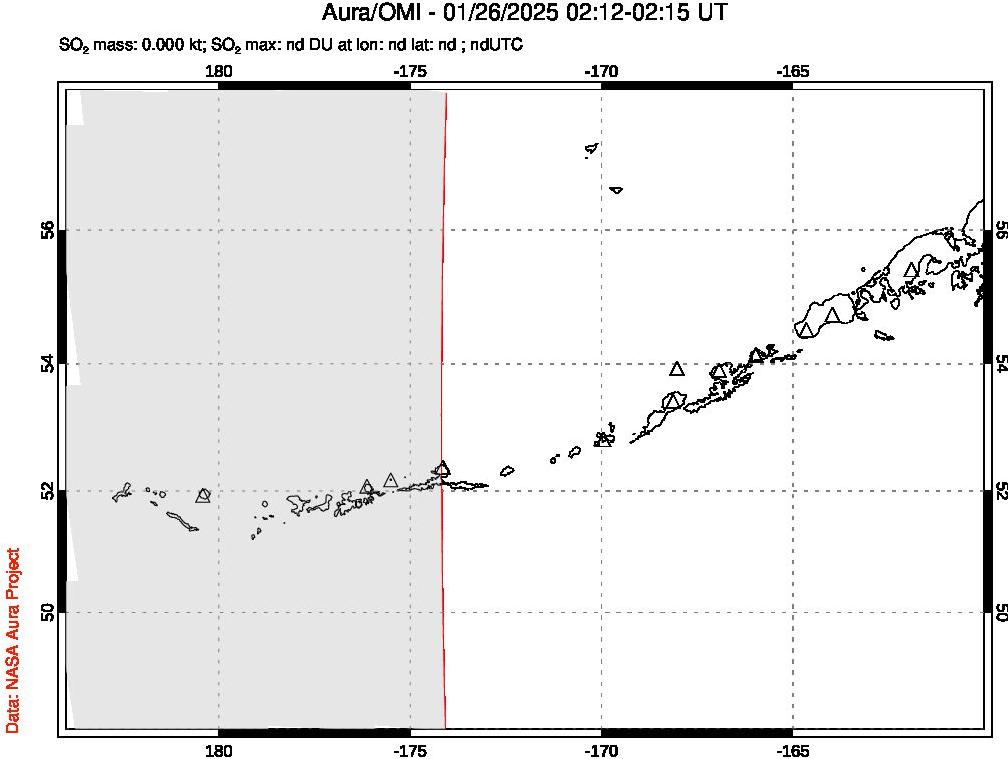 A sulfur dioxide image over Aleutian Islands, Alaska, USA on Jan 26, 2025.