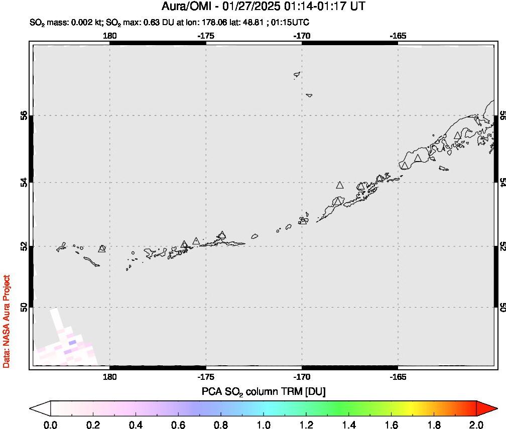 A sulfur dioxide image over Aleutian Islands, Alaska, USA on Jan 27, 2025.