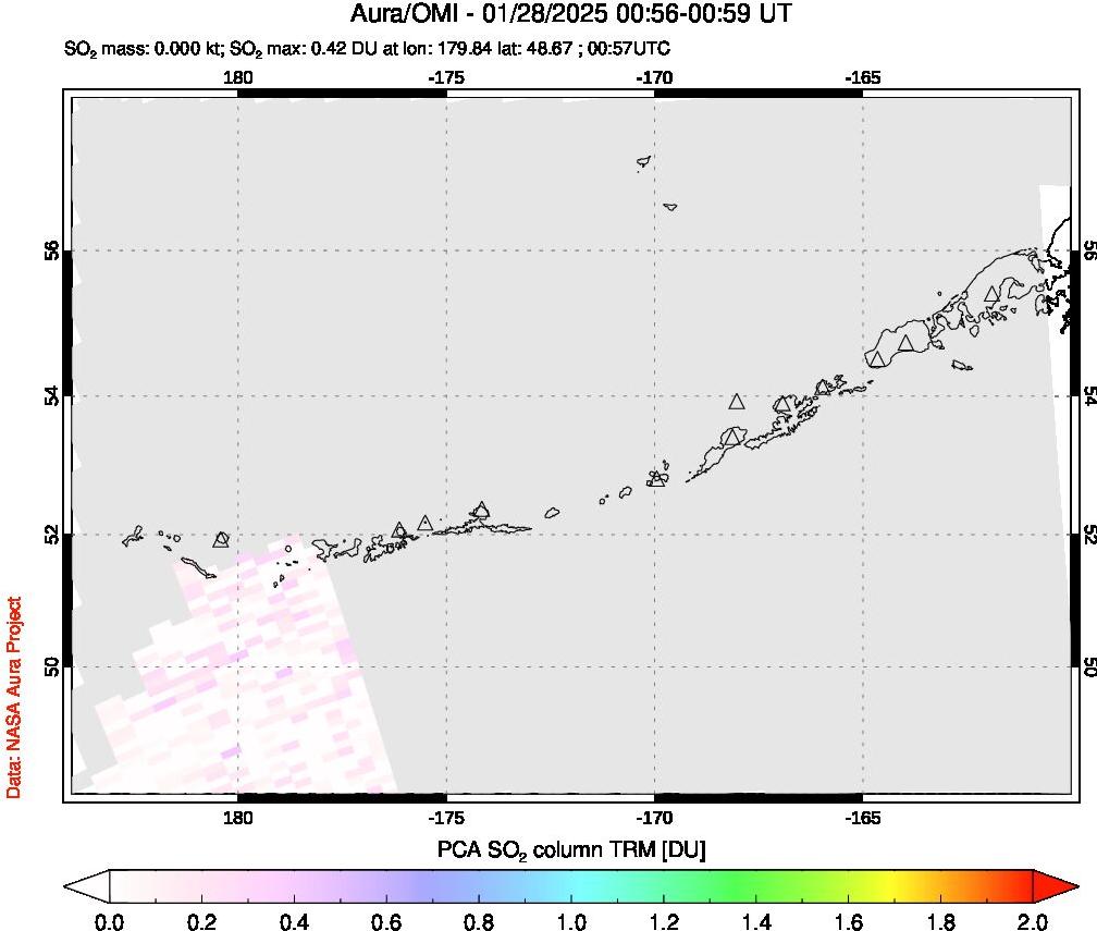 A sulfur dioxide image over Aleutian Islands, Alaska, USA on Jan 28, 2025.