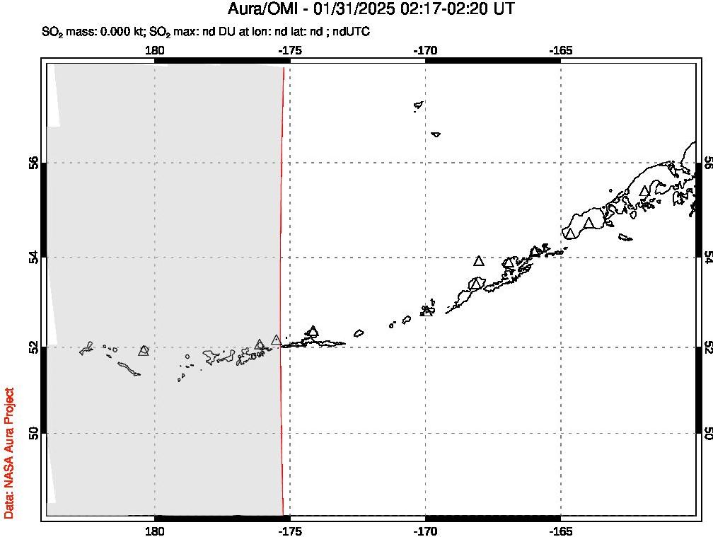 A sulfur dioxide image over Aleutian Islands, Alaska, USA on Jan 31, 2025.