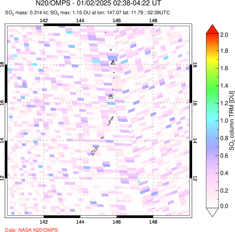 A sulfur dioxide image over Anatahan, Mariana Islands on Jan 02, 2025.