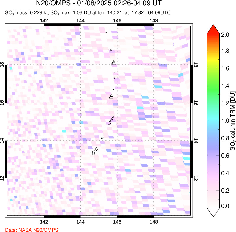 A sulfur dioxide image over Anatahan, Mariana Islands on Jan 08, 2025.