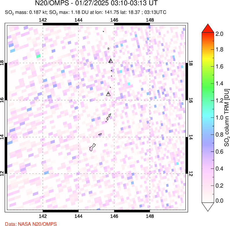 A sulfur dioxide image over Anatahan, Mariana Islands on Jan 27, 2025.