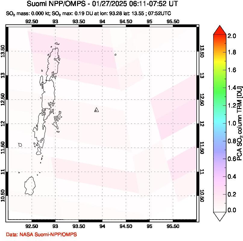 A sulfur dioxide image over Andaman Islands, Indian Ocean on Jan 27, 2025.