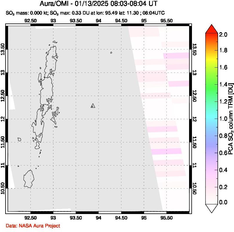 A sulfur dioxide image over Andaman Islands, Indian Ocean on Jan 13, 2025.