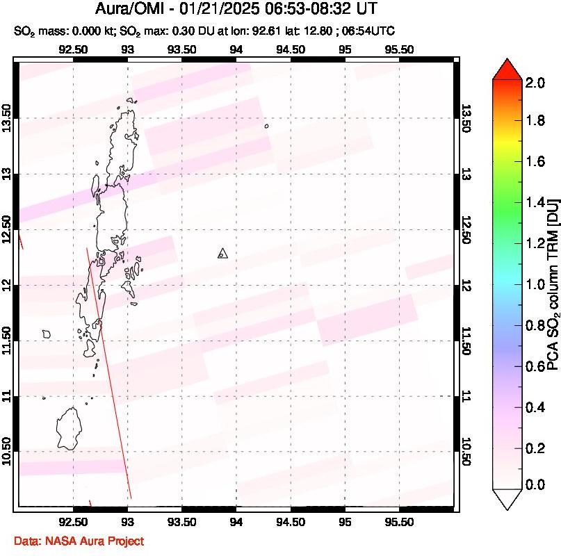 A sulfur dioxide image over Andaman Islands, Indian Ocean on Jan 21, 2025.