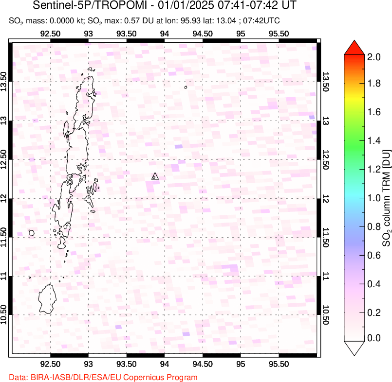 A sulfur dioxide image over Andaman Islands, Indian Ocean on Jan 01, 2025.