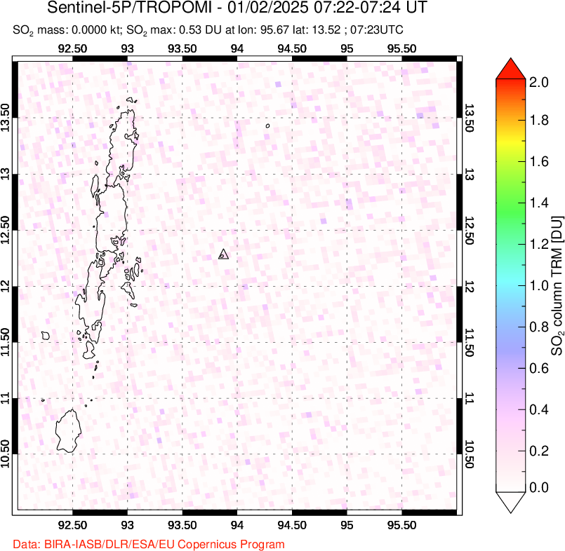 A sulfur dioxide image over Andaman Islands, Indian Ocean on Jan 02, 2025.