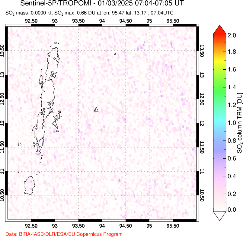 A sulfur dioxide image over Andaman Islands, Indian Ocean on Jan 03, 2025.