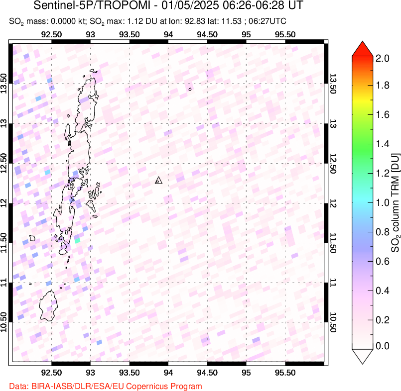 A sulfur dioxide image over Andaman Islands, Indian Ocean on Jan 05, 2025.