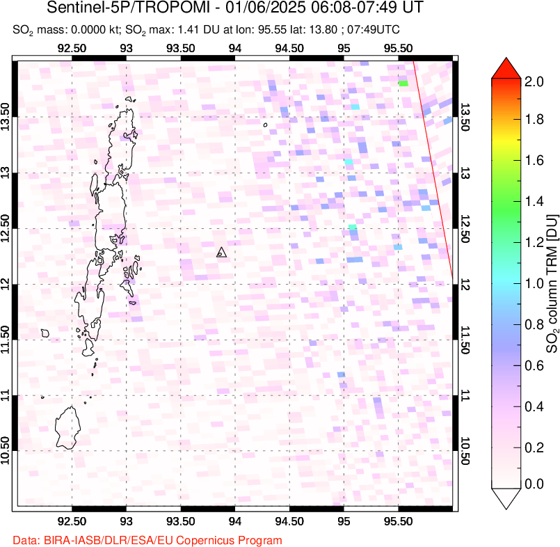 A sulfur dioxide image over Andaman Islands, Indian Ocean on Jan 06, 2025.