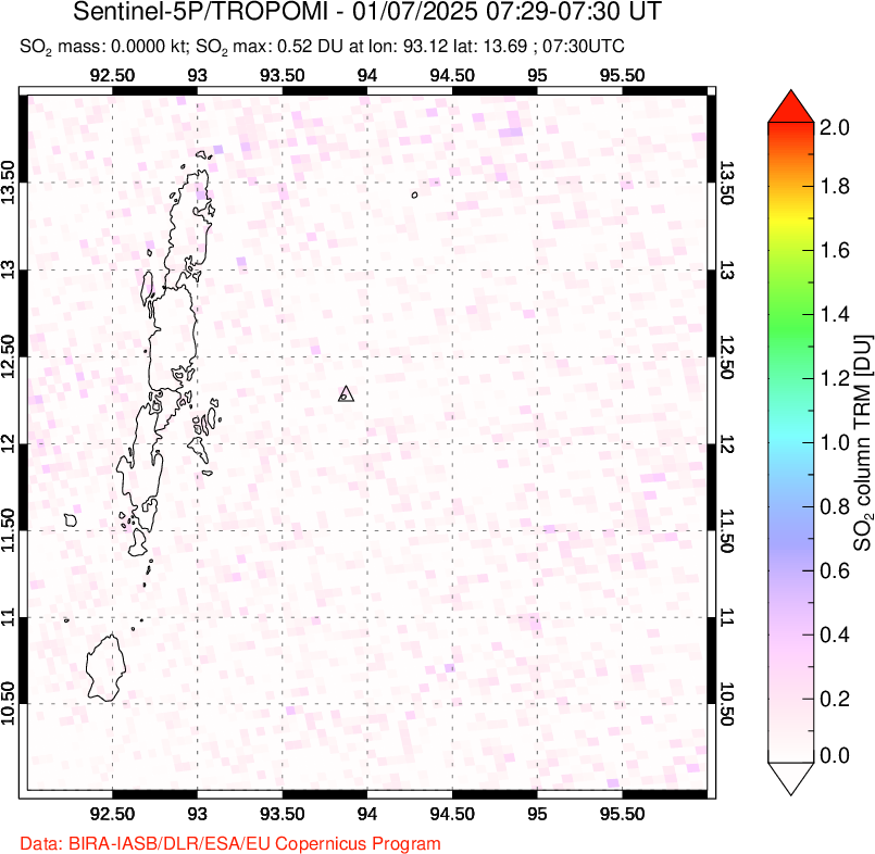 A sulfur dioxide image over Andaman Islands, Indian Ocean on Jan 07, 2025.