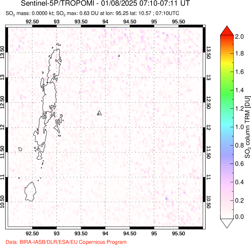 A sulfur dioxide image over Andaman Islands, Indian Ocean on Jan 08, 2025.